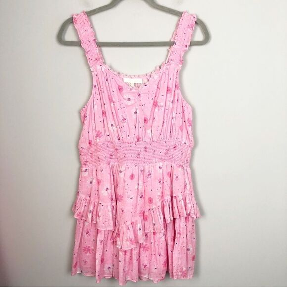LOVESHACKFANCY | Norelli Smocked Ruffle Floral Pink Mini Dress Women’s Size L - Picture 4 of 12